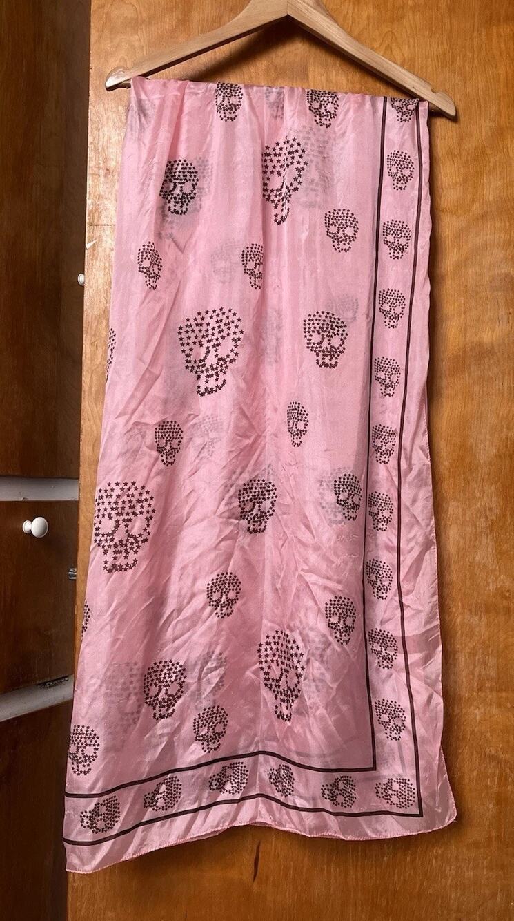 Y2K Pink Black Silk Chiffon Skull Print Rectangle Scarf Shawl Indie Sleaze 44x70